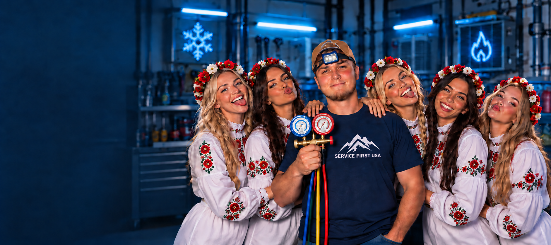 Kevin holding HVAC gauges with five women in a blue-lit workshop